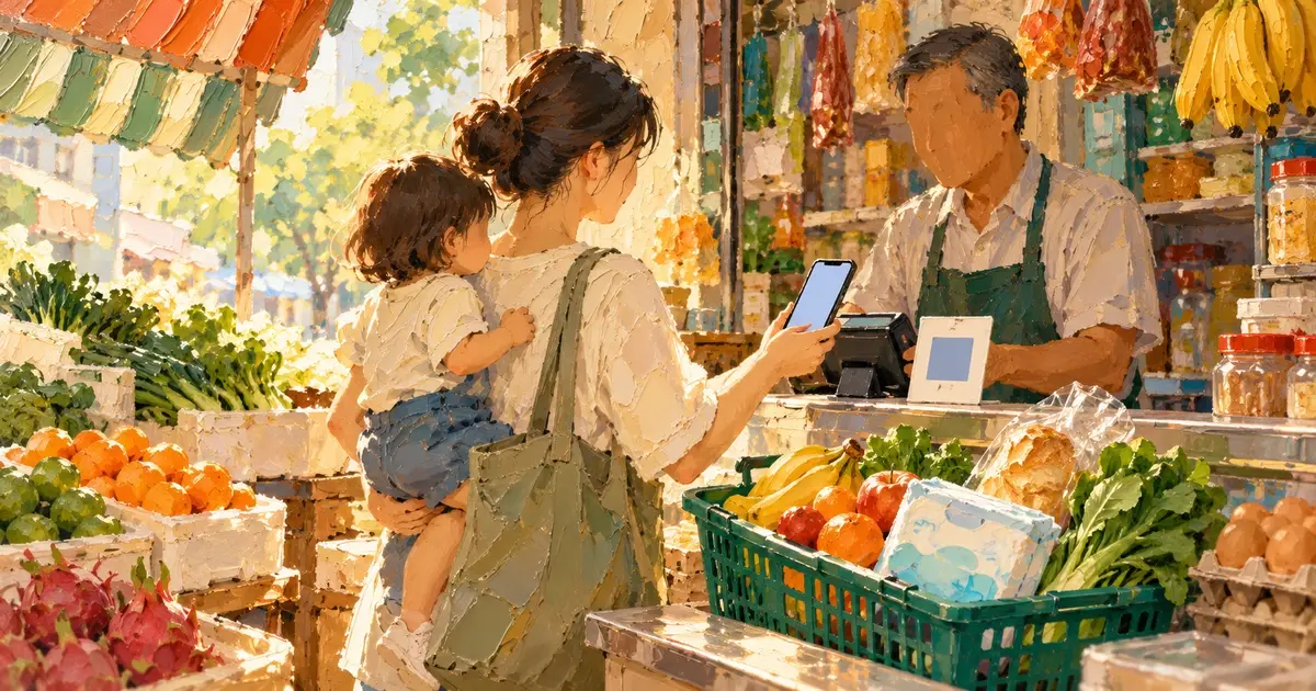Impasto painting of a parent with a toddler on her hip paying by phone at a neighbourhood market stall, a basket of groceries on the counter