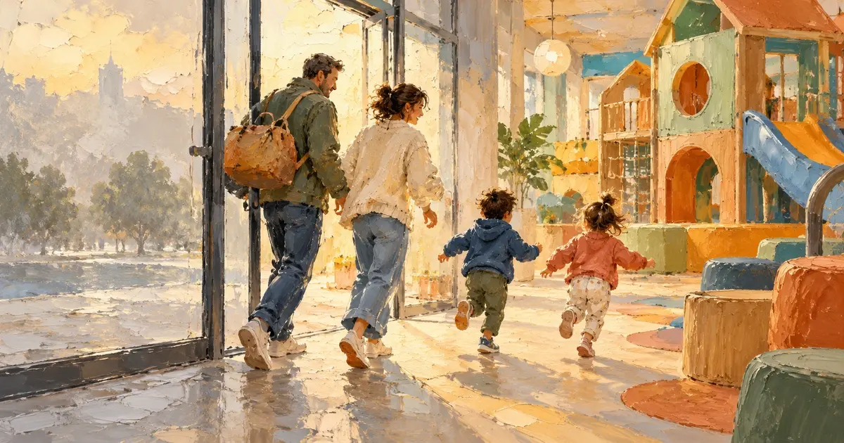 Impasto painting of a family stepping in from a hazy day through tall glass doors, two small children running ahead towards a colourful indoor play space